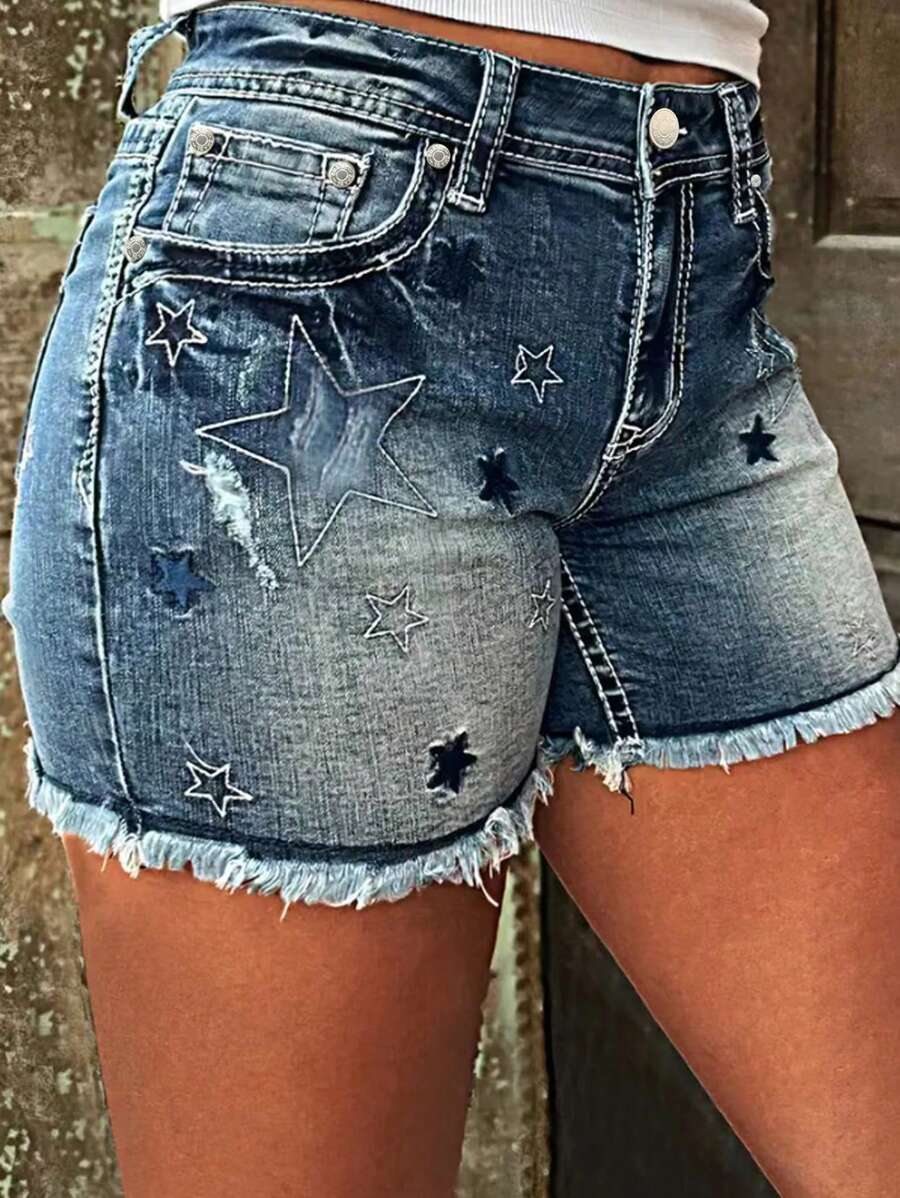 Pantalones cortos de jean ajustados con dobladillo deshilachado y bordado de estrella de cinco puntas de estilo Y2K para mujer en verano - Lavado ligero - Ver 1