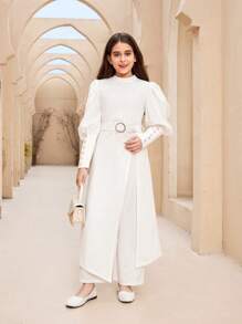 SHEIN Leap Crew Tween Girls Cute Vacation V-Neck Balloon Sleeve One-Piece Jumpsuit - White - View 2