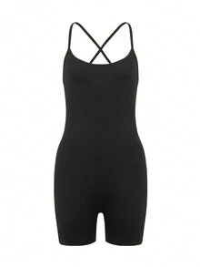 Rückenfreier Trainingsanzug Jumpsuit Unitard für Frauen, Tummy Control, ärmellos, V-Rücken, Scrunch Yoga Romper Unitards - Schwarz - Übersicht 3