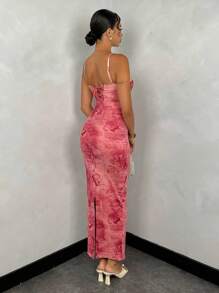 SHEIN BAE Rochie de vară, sexy, cu imprimeu floral, roșu, cu model vintage, din dantelă, pentru femei, slim fit, lungă