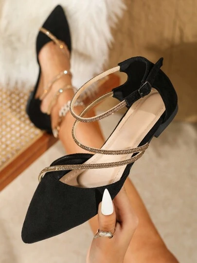 Black Velvet Double Buckle Rhinestone Decor Hollow Flat Shoes, Fashionable & Elegant For Women, Suitable For Spring/Summer, Party, Dancing, Closed Toe Flat Sandals, Gold Rhinestone Decor Summer Flats, Comfortable Non-Slip Shoes