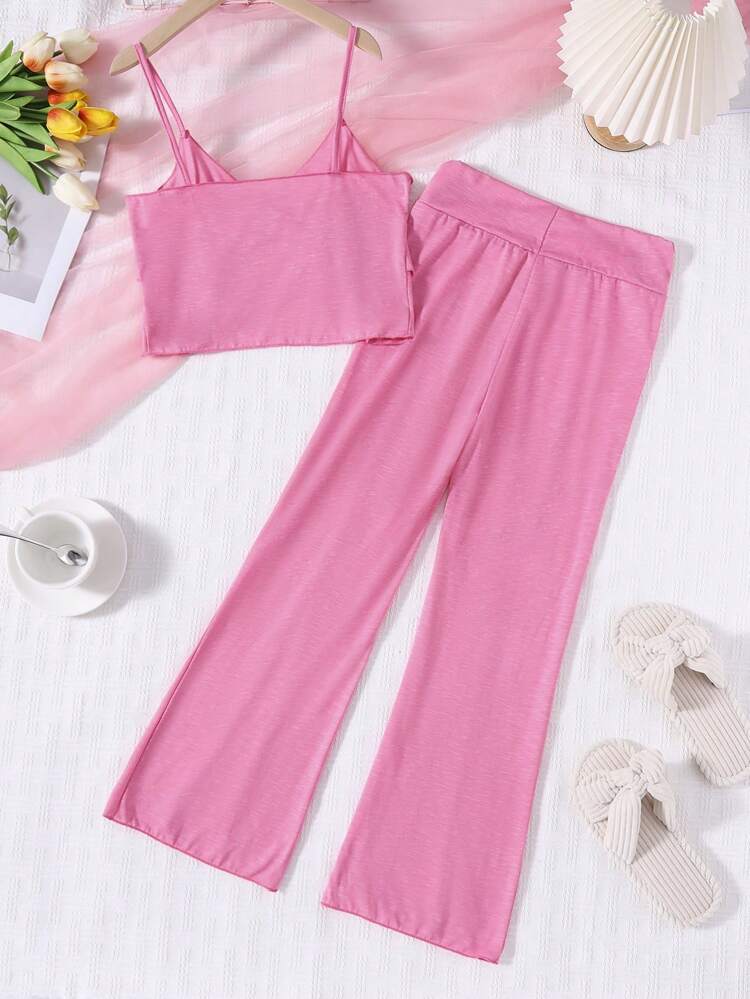 Teen Girl Solid Color Simple Camisole Top With Long Pants Casual Homewear Set, Summer