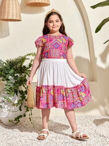 SHEIN Tween Girls Extended Size Loose Casual  Print Cap Sleeve Shirt And Skirt Set - White - View 1