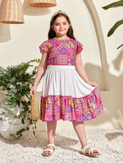 SHEIN Tween Girls Extended Size Loose Casual  Print Cap Sleeve Shirt And Skirt Set