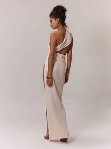MUSERA Asymmetrical Neck Ring Detail Cut Out Slit Thigh Maxi Dress Elegant Spring Vacation Summer Going Out Long Dress - Beige - View 2