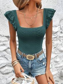 SHEIN VCAY Women's Summer Slim Fit Square Neck Flutter Sleeved T-Shirt - Dark Green - View 6