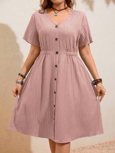 EMERY ROSE Vestido casual de férias Plus Size em cor sólida com cintura franzida e botões frontais