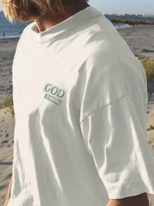 Plus Size Men's Summer Slogan & Palm Tree Graphic Round Neck Short Sleeve Casual T-Shirt - White - View 2