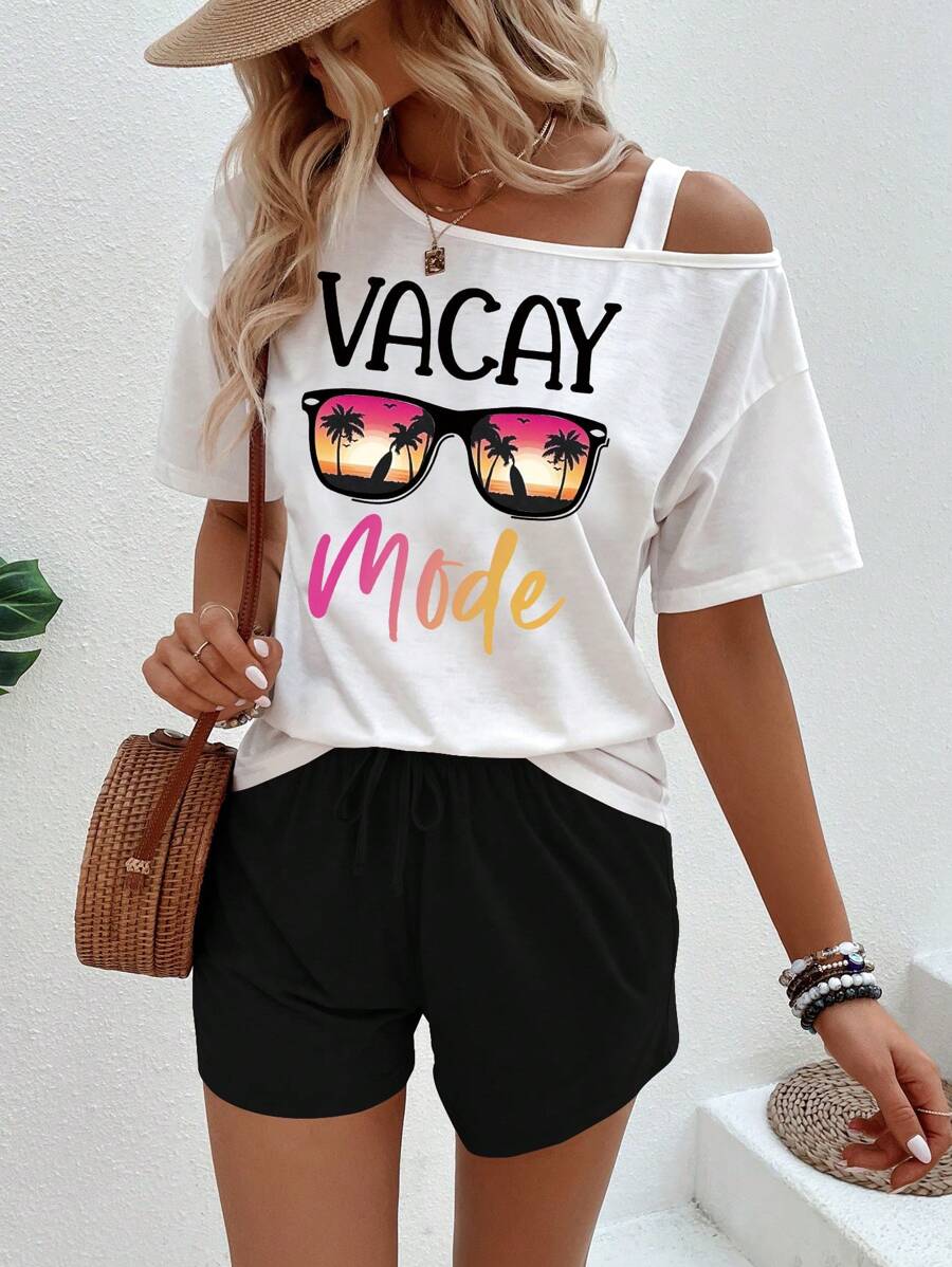GlowEve Ensemble t-shirt à manches courtes et short pour femmes avec impression d'arbres de coco, style de vacances scénique en bord de mer - Noir et Blanc - Voir 1