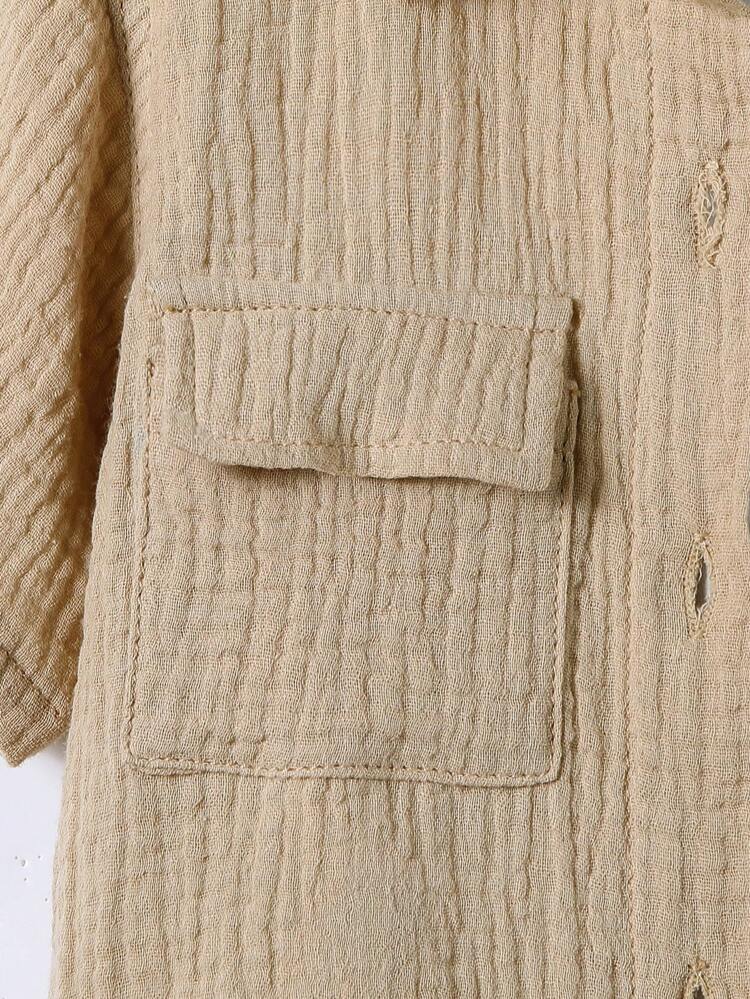 BABY BOY All-Match Casual Khaki Wrinkled Shirt & Camera Patterned Waistband Dark Wash Denim Shorts Set