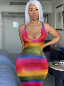 INAWLY Plus Size Women's Tie-Dye Sleeveless Bodycon Casual Dress For Summer