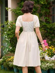 Vintamour Vestido Vintage Elegante com Estampa Floral Feminina, Primavera/Verão, Gola em Forma de Coração e Mangas Bufantes, Vestido Branco Evasê para Férias, Formatura, Vestido Branco de Formatura, Roupas de Verão, Vestido de Formatura, Vestido, Roupas para Concerto Country, Vestido para Chá de Panela, Vestido para Recepção de Casamento, Branco - Multicolorido - Visão 2