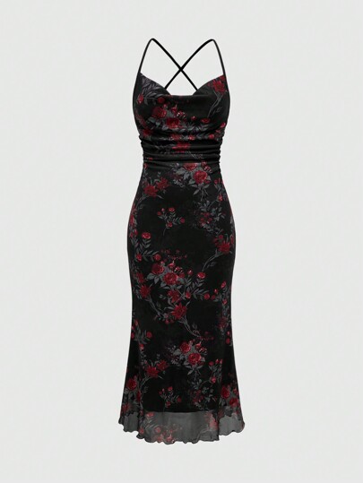 Fairycore Women's Retro Floral Pattern Bodycon Dress With Mermaid Hemline And Draped Neck, For New Year