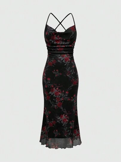 ROMWE Fairycore Bodycon-klänning med retroblommigt mönster för kvinnor med nederkant av sjöjungfrun och draperad hals, för nyår