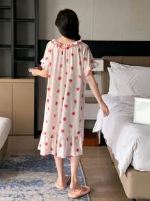 DAZY Cute Strawberry Printed Sleeping Dress With Layered Ruffle Hem And Contrast Stitching Pajama - Beige - View 2