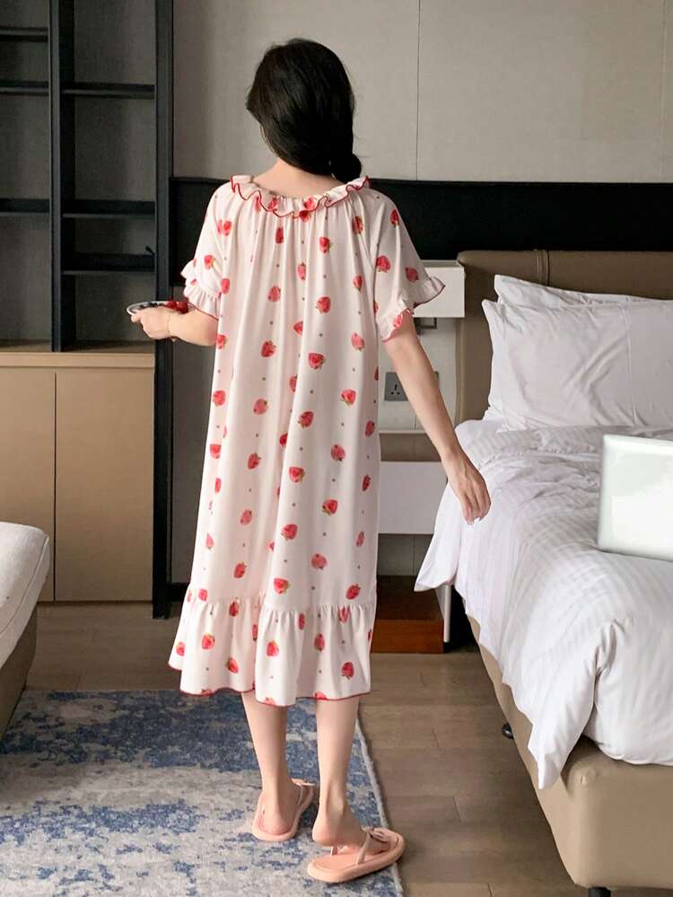 Cute Strawberry Printed Sleeping Dress With Layered Ruffle Hem And Contrast Stitching Pajama