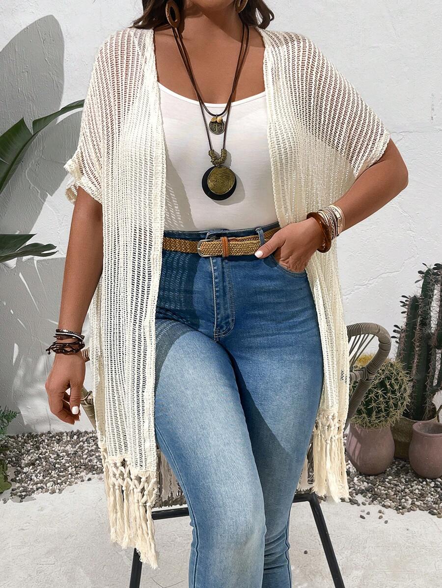 EMERY ROSE Plus Size Nữ Mùa Hè Nông Thôn Ngày Lễ Màu Chia Viền Viền Khoét Hở Cánh Dơi Nữ Tay Ngắn Hở Mặt Trước Áo Khoác - Màu be - Xem 1