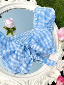 SHEIN Unity Áo crop top có dây buộc phía sau họa tiết kẻ sọc có mặt trước quấn - Màu xanh lam - Xem 2