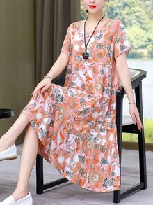 New Casual Printed Loose Mid-Length Dress For Women - Baby Pink - View 4