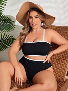 SHEIN Swim Curve Beach Swimwear Set Große Größen für Damen mit Kontrastborte, Sommer - Schwarz - Übersicht 5