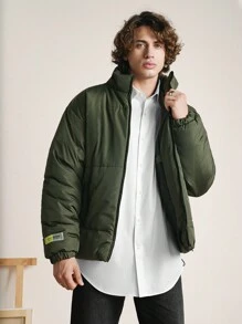 RueChic Men's Classic Style Stand Collar -Padded Jacket With Elastic Hem Drawstring And Ribbed Cuffs - Dark Green - View 5