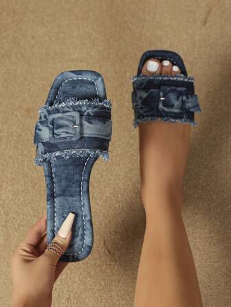 女士休闲牛仔平底拖鞋，春季