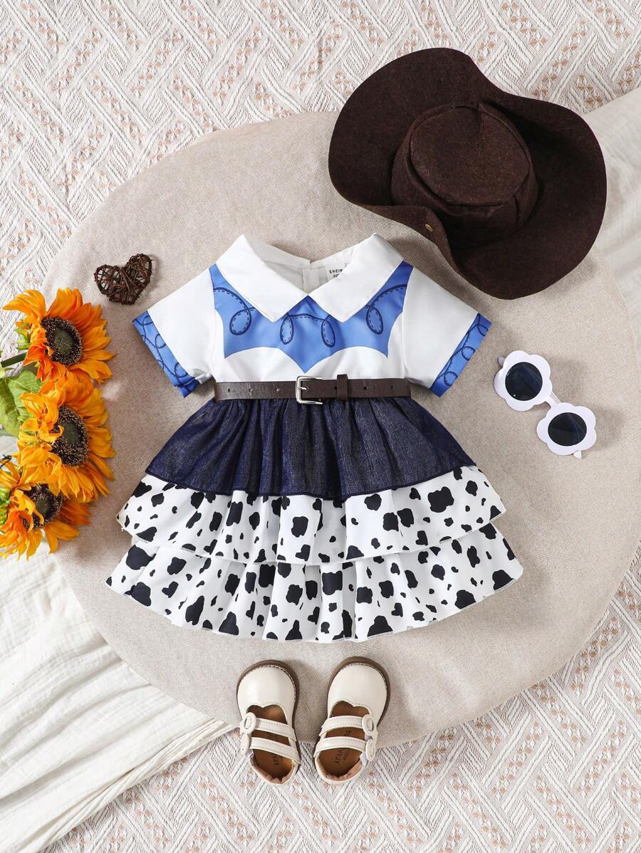 SHEIN 4pcs Western Cowboy Style Outfit Including Short Sleeve T-Shirt, Cow Skirt Dress, Denim Hat And Belt - Blue - View 1