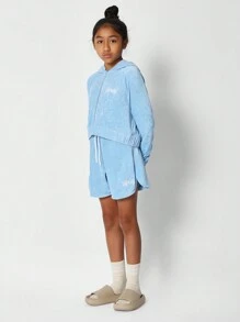 SUMWON Mädchen Teenager Frottee-Reißverschluss Kapuzenjacke mit Shorts 2-Teiler Set