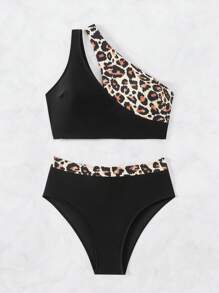 SHEIN Swim 女士不對稱領口豹紋露肩上衣和對比色底部比基尼套裝，適用於夏季沙灘泳池派對 - 彩色 - 查看 7