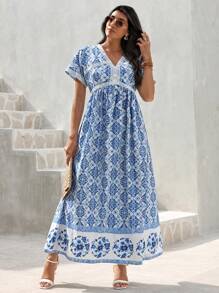 Seusyu Women's Holiday Printed Patchwork High Waist Dress