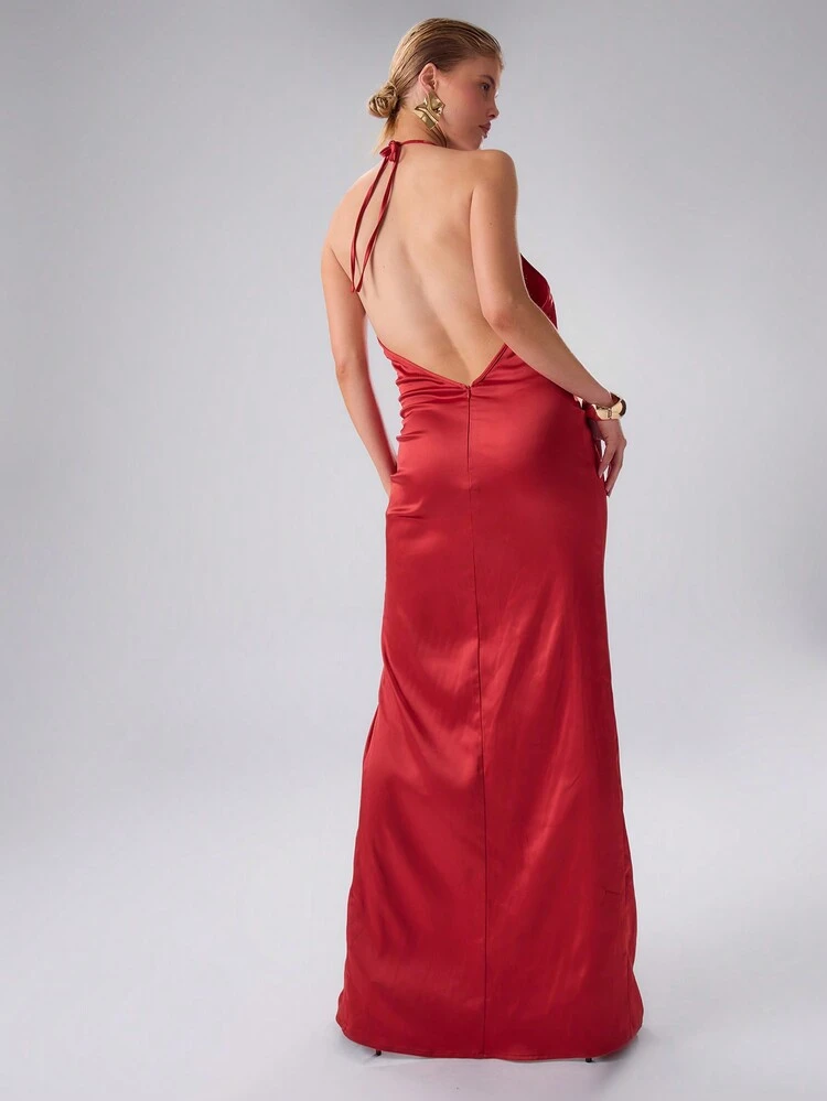 Satin Knot Front Maxi Dress Sexy Cute Spring Summer Party Going Out Vacation Holiday Long Dress Elegant Graduation Prom