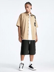 Manfinity RebelGame Men's Drawstring Waist Loose Fit Letter Printed Cargo Shorts With Pockets - Black - View 4