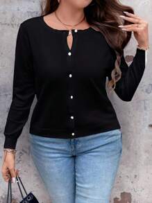 SHEIN LUNE Kardigans für Damen in Große Größen, Einfarbiger Langarm Einzelknopf Lässig dünner Strickjacke - Schwarz - Übersicht 3