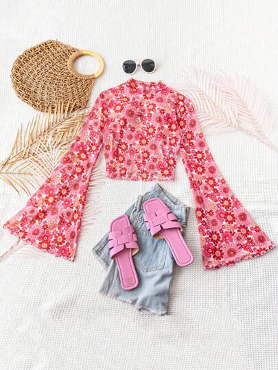 Soleia WYWH度假女性休閒網眼花印波浪袖修身上衣