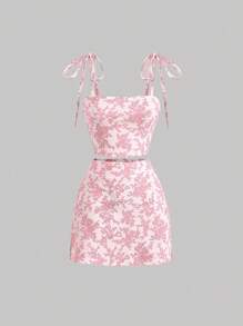 SHEIN MOD Floral Print Tie Shoulder Cami Top & Skirt