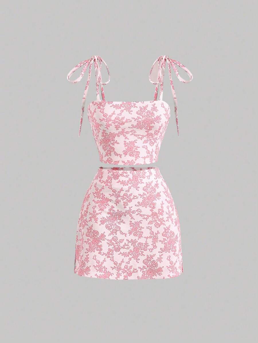 SHEIN MOD Floral Print Tie Shoulder Cami Top & Skirt