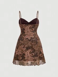 SHEIN MOD Plus Size Brown Vintage Printed Mesh Spaghetti Strap Short A-Line Dress, For Summer,Beach Dress Sundress,Holiday Outfits Boho