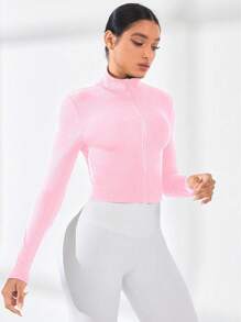 Gameset SHEIN Sport Solid Color Zipper Stand Collar Tight-Fitting Long Sleeve Sports Jacket Workout Jacket - Pink - View 4