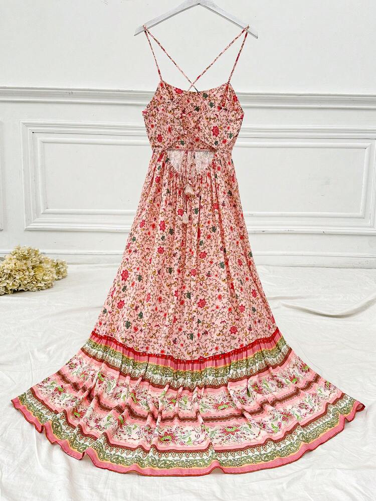 Women's Bohemian Style Music Festival Retro Floral Pink Backless Strap Dress For Vacation