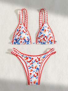 SHEIN Swim Conjunto de bikini sexy para mujeres con estampado floral de vacaciones, estampado al azar - Multicolor - Ver 4