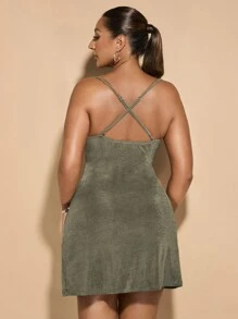 SHEIN BAE 优雅的生日派对服装绿色领口蕾丝针织弹力迷你连衣裙 - 軍綠色 - 查看 2