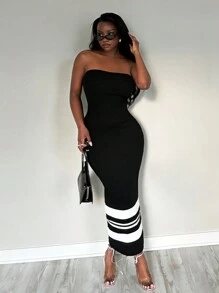 SHEIN x Marika Sila SHEIN SXY Sexy Elegant Casual Holiday Vacation Summer Black And White Stripe Colour Contrast Summer Maxi Long Dress For Women - Multicolor - View 5