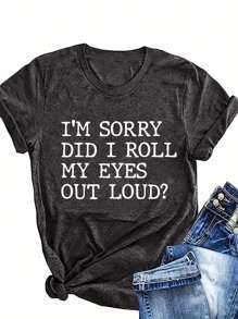 SHEIN LUNE 大码基本款字母印花休闲短袖 T 恤，对不起，我是不是翻白眼了？女款图案 T 恤上衣趣味图案 T 恤趣味 T 恤，适合夏季 - 深灰色 - 查看 1