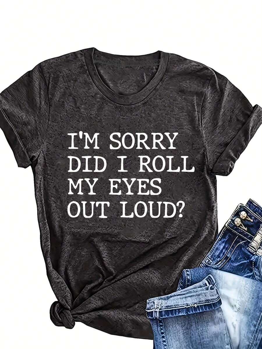 SHEIN LUNE 大码基本款字母印花休闲短袖 T 恤，对不起，我是不是翻白眼了？女款图案 T 恤上衣趣味图案 T 恤趣味 T 恤，适合夏季 - 深灰色 - 查看 1