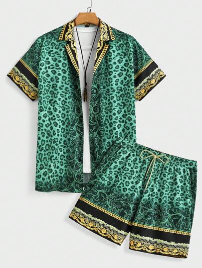Manfinity BRENVOR 2 件男士沙滩装夏季度假编织休闲冲浪海边沙滩豹纹图案派对夏威夷衬衫短裤套装沙滩装