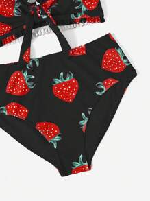 Swim Mod 大尺碼女裝時尚草莓印花比基尼套裝，配蕾絲修邊