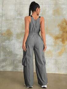 Y2K Streetwear Style Buckle Waist Belt, Flap Pocket, Side Cargo Parachute Jumpsuit - Dark Grey - View 2