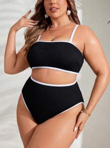 SHEIN Swim Curve Beach Swimwear Set Große Größen für Damen mit Kontrastborte, Sommer - Schwarz - Übersicht 4