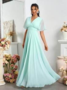 SHEIN Belle Elegant Chiffon Off-Shoulder V-Neck Pleated Swing Evening Dress - Green - View 6