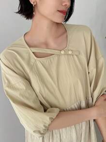 FRIFUL Women's Casual Solid Color Bishop Sleeve Dress With Ruffled Hem Sundress - Apricot - View 4